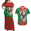 Personalized South Sydney Rabbitohs ANZAC Tribute Couples Matching Off Shoulder Maxi Dress and Hawaiian Shirt Poppy Field Soldier Silhouette Aboriginal Rugby Mascot