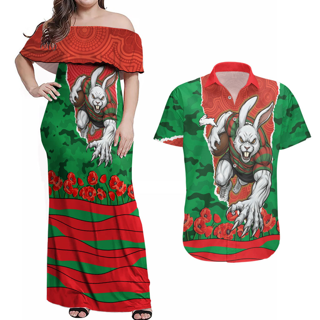 Personalized South Sydney Rabbitohs ANZAC Tribute Couples Matching Off Shoulder Maxi Dress and Hawaiian Shirt Poppy Field Soldier Silhouette Aboriginal Rugby Mascot