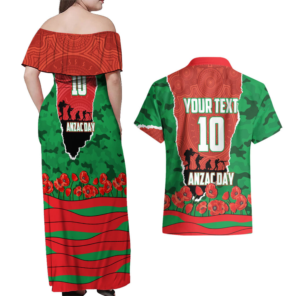Personalized South Sydney Rabbitohs ANZAC Tribute Couples Matching Off Shoulder Maxi Dress and Hawaiian Shirt Poppy Field Soldier Silhouette Aboriginal Rugby Mascot