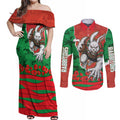 Personalized South Sydney Rabbitohs ANZAC Tribute Couples Matching Off Shoulder Maxi Dress and Long Sleeve Button Shirt Poppy Field Soldier Silhouette Aboriginal Rugby Mascot