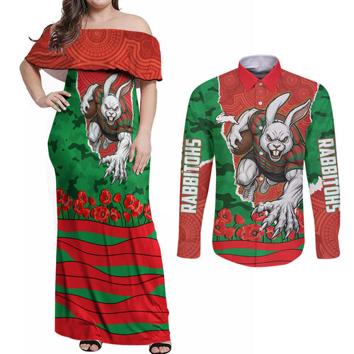 Personalized South Sydney Rabbitohs ANZAC Tribute Couples Matching Off Shoulder Maxi Dress and Long Sleeve Button Shirt Poppy Field Soldier Silhouette Aboriginal Rugby Mascot