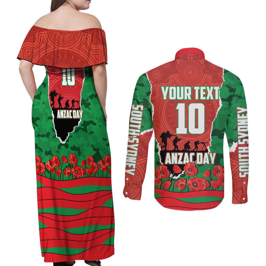 Personalized South Sydney Rabbitohs ANZAC Tribute Couples Matching Off Shoulder Maxi Dress and Long Sleeve Button Shirt Poppy Field Soldier Silhouette Aboriginal Rugby Mascot