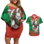 Personalized South Sydney Rabbitohs ANZAC Tribute Couples Matching Off Shoulder Short Dress and Hawaiian Shirt Poppy Field Soldier Silhouette Aboriginal Rugby Mascot