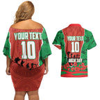 Personalized South Sydney Rabbitohs ANZAC Tribute Couples Matching Off Shoulder Short Dress and Hawaiian Shirt Poppy Field Soldier Silhouette Aboriginal Rugby Mascot