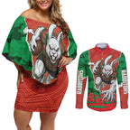 Personalized South Sydney Rabbitohs ANZAC Tribute Couples Matching Off Shoulder Short Dress and Long Sleeve Button Shirt Poppy Field Soldier Silhouette Aboriginal Rugby Mascot