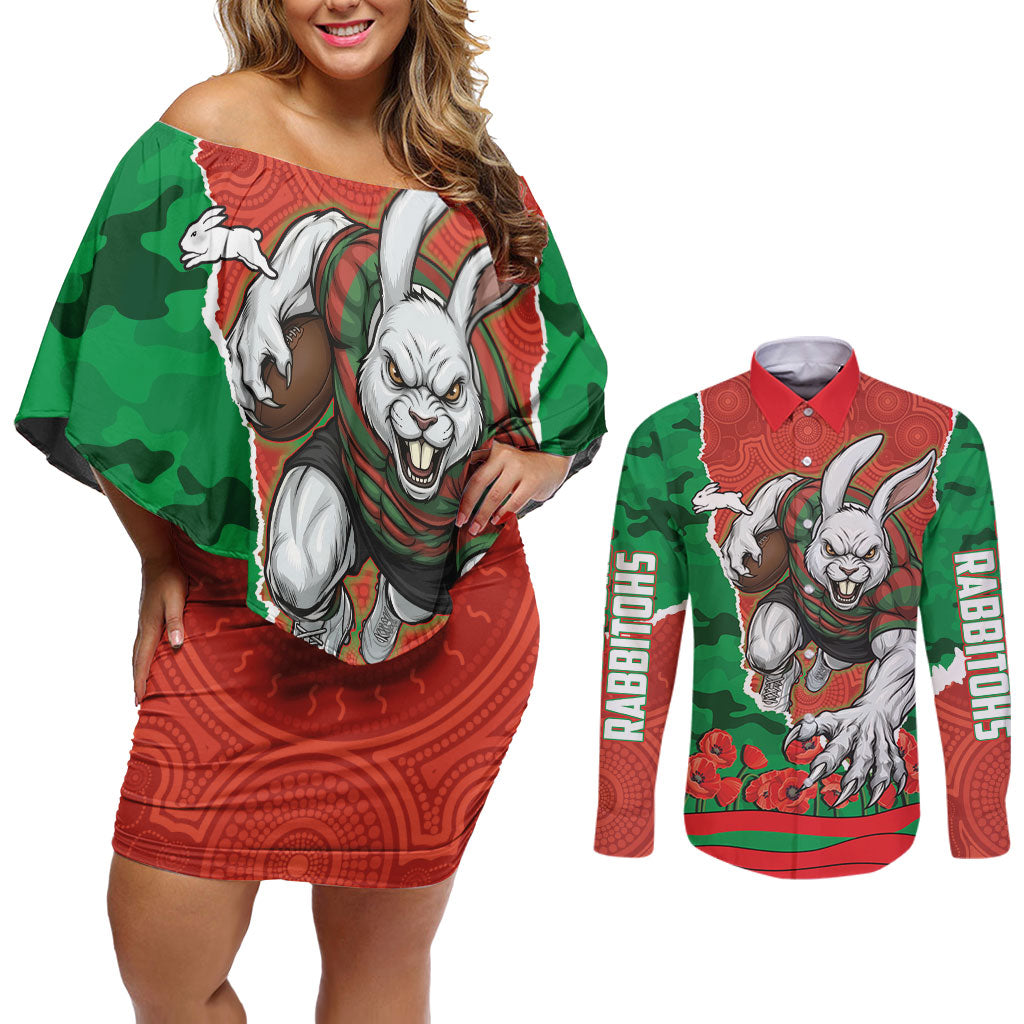 Personalized South Sydney Rabbitohs ANZAC Tribute Couples Matching Off Shoulder Short Dress and Long Sleeve Button Shirt Poppy Field Soldier Silhouette Aboriginal Rugby Mascot