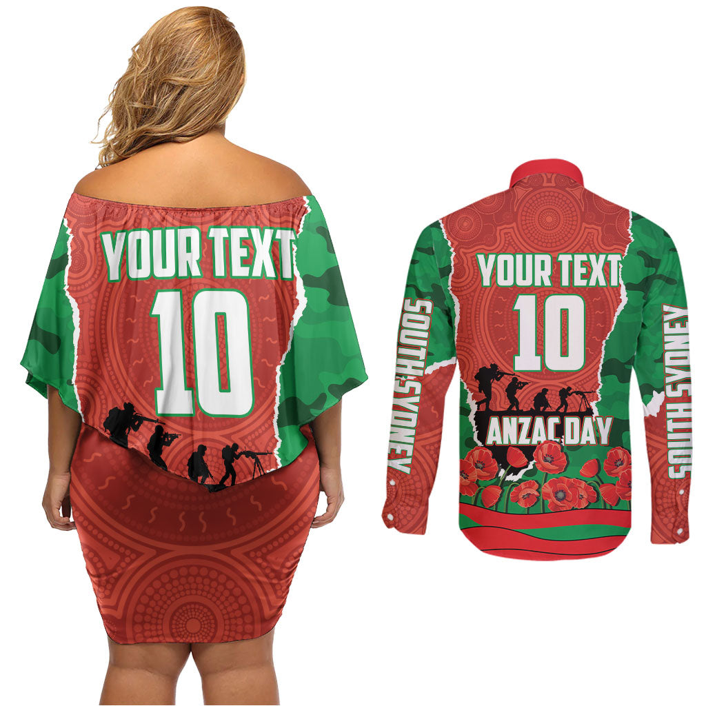 Personalized South Sydney Rabbitohs ANZAC Tribute Couples Matching Off Shoulder Short Dress and Long Sleeve Button Shirt Poppy Field Soldier Silhouette Aboriginal Rugby Mascot