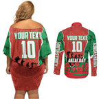 Personalized South Sydney Rabbitohs ANZAC Tribute Couples Matching Off Shoulder Short Dress and Long Sleeve Button Shirt Poppy Field Soldier Silhouette Aboriginal Rugby Mascot