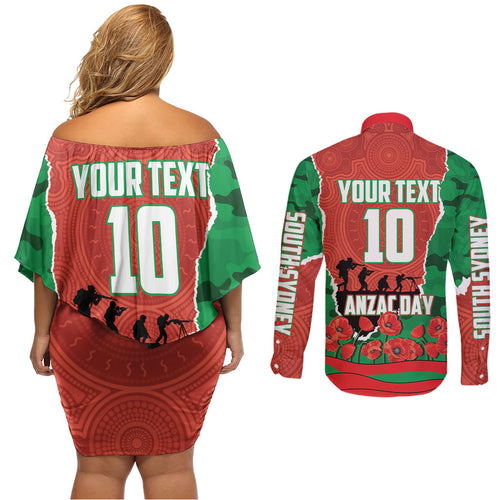 Personalized South Sydney Rabbitohs ANZAC Tribute Couples Matching Off Shoulder Short Dress and Long Sleeve Button Shirt Poppy Field Soldier Silhouette Aboriginal Rugby Mascot