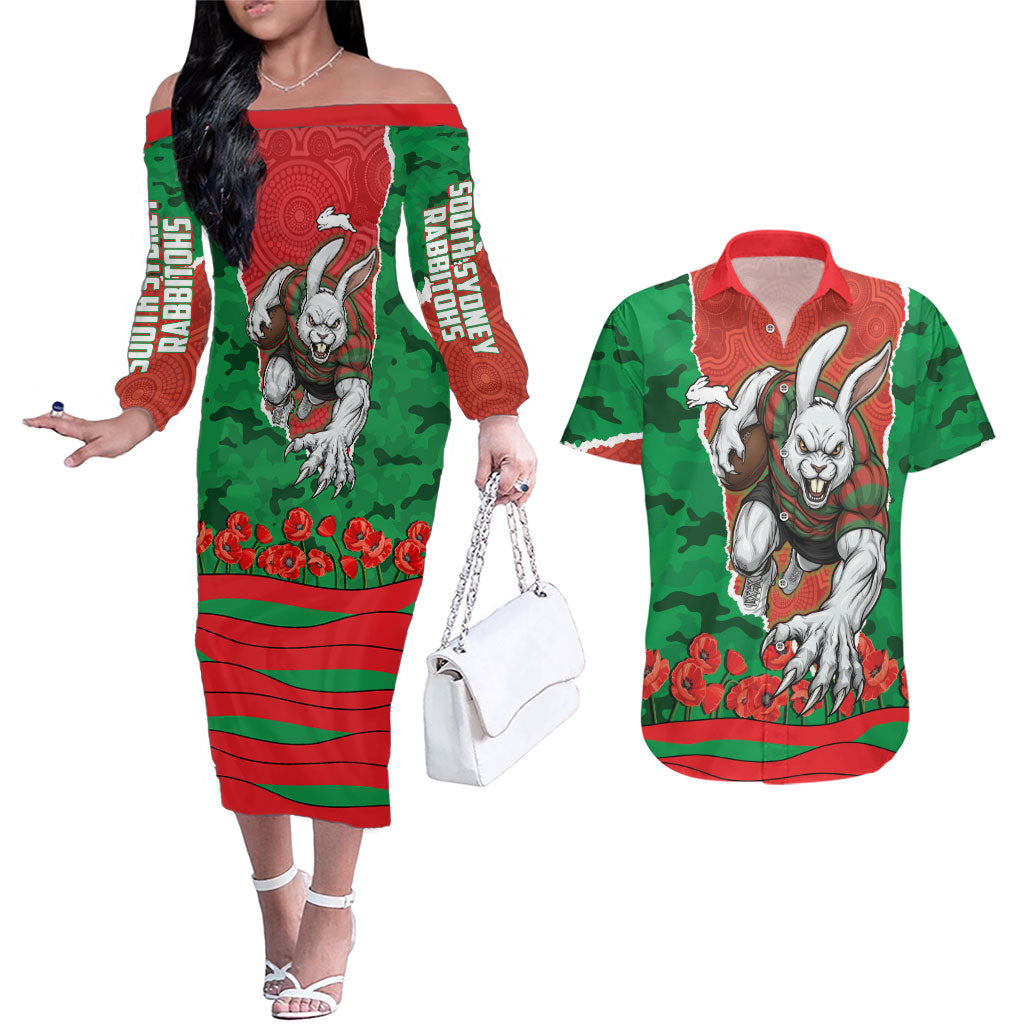 Personalized South Sydney Rabbitohs ANZAC Tribute Couples Matching Off The Shoulder Long Sleeve Dress and Hawaiian Shirt Poppy Field Soldier Silhouette Aboriginal Rugby Mascot