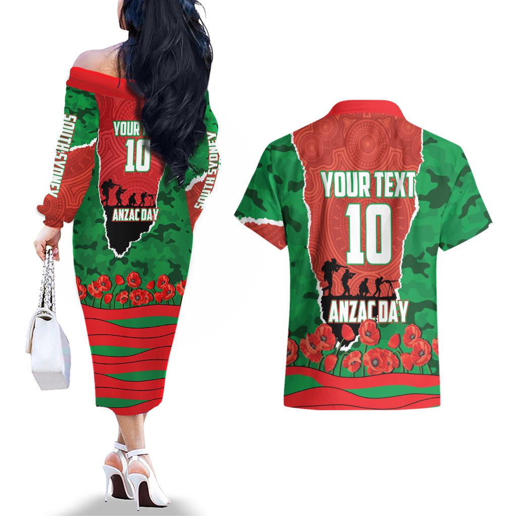 Personalized South Sydney Rabbitohs ANZAC Tribute Couples Matching Off The Shoulder Long Sleeve Dress and Hawaiian Shirt Poppy Field Soldier Silhouette Aboriginal Rugby Mascot