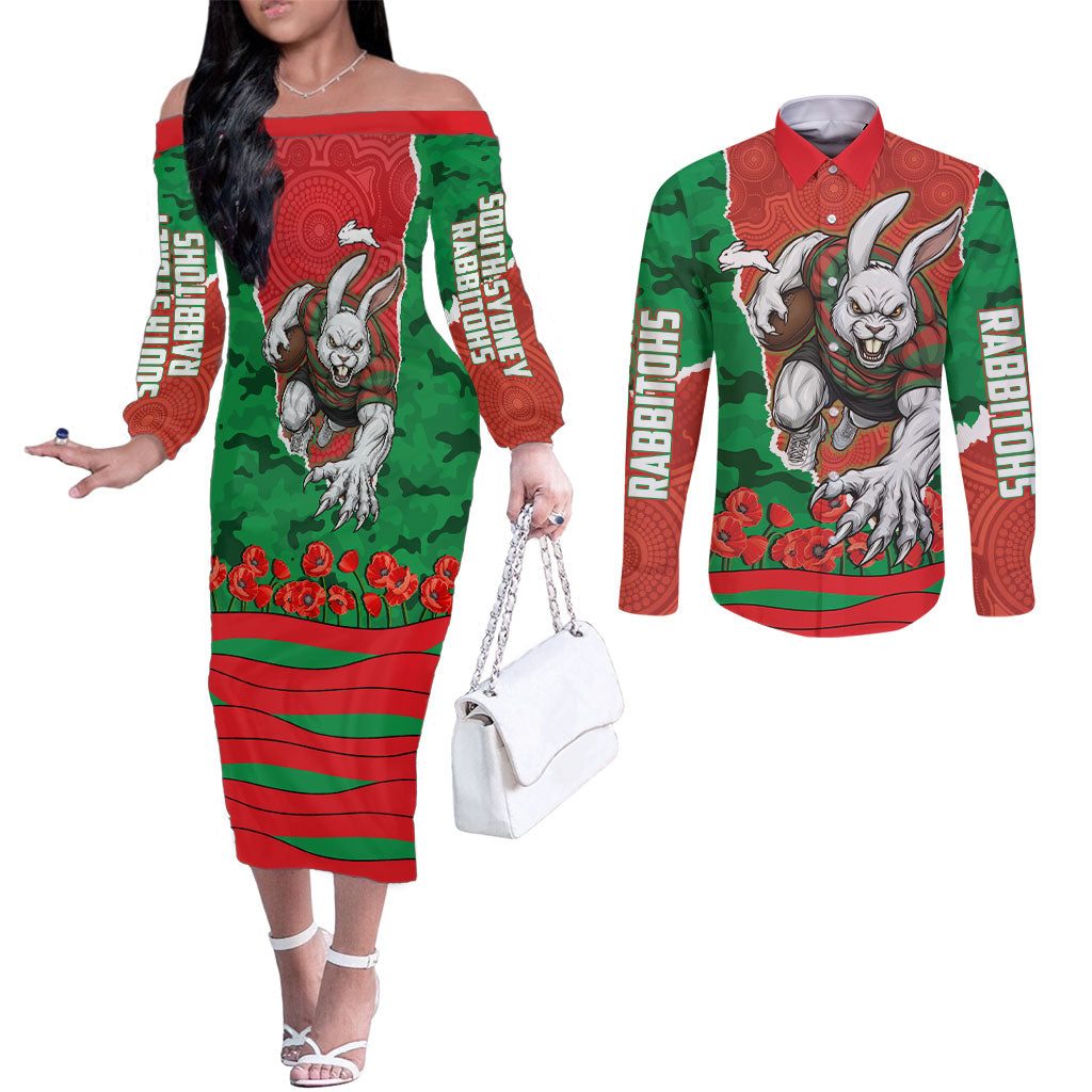 Personalized South Sydney Rabbitohs ANZAC Tribute Couples Matching Off The Shoulder Long Sleeve Dress and Long Sleeve Button Shirt Poppy Field Soldier Silhouette Aboriginal Rugby Mascot