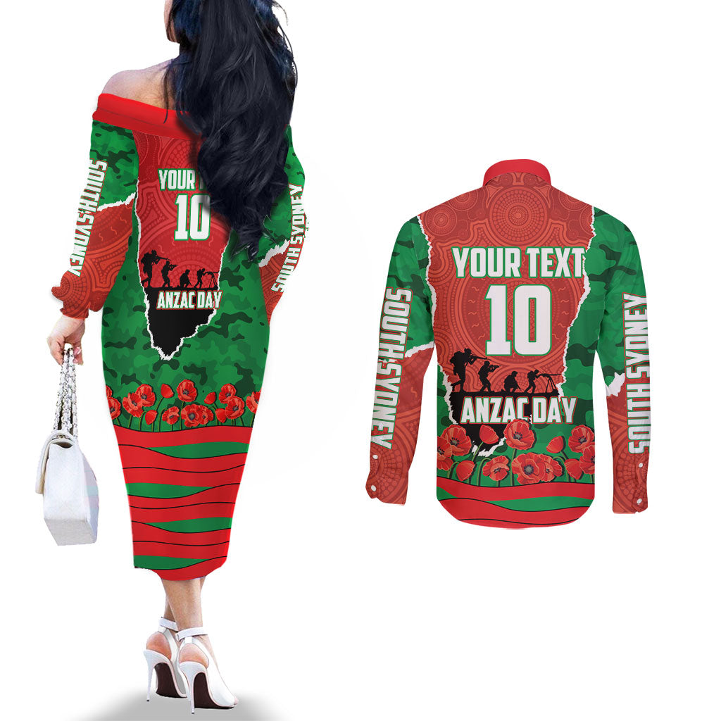 Personalized South Sydney Rabbitohs ANZAC Tribute Couples Matching Off The Shoulder Long Sleeve Dress and Long Sleeve Button Shirt Poppy Field Soldier Silhouette Aboriginal Rugby Mascot