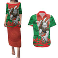 Personalized South Sydney Rabbitohs ANZAC Tribute Couples Matching Puletasi and Hawaiian Shirt Poppy Field Soldier Silhouette Aboriginal Rugby Mascot