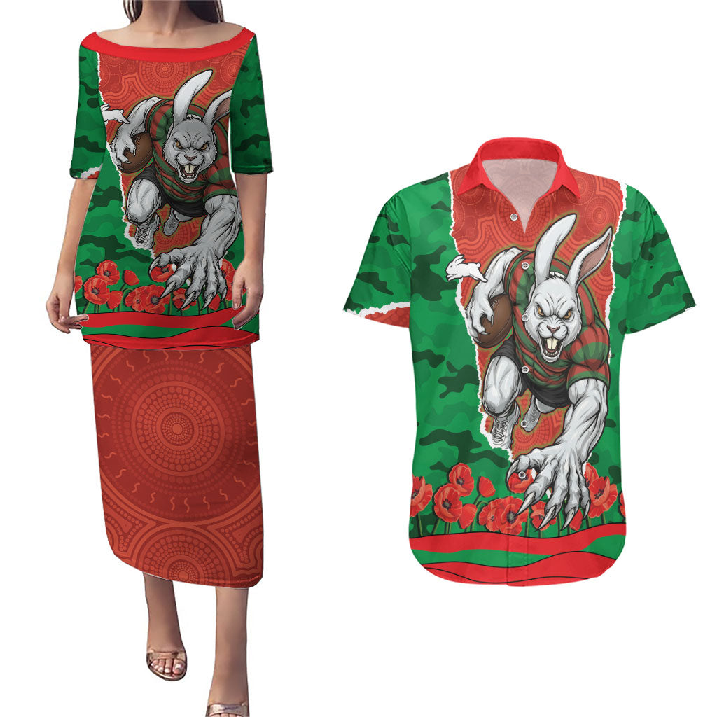 Personalized South Sydney Rabbitohs ANZAC Tribute Couples Matching Puletasi and Hawaiian Shirt Poppy Field Soldier Silhouette Aboriginal Rugby Mascot