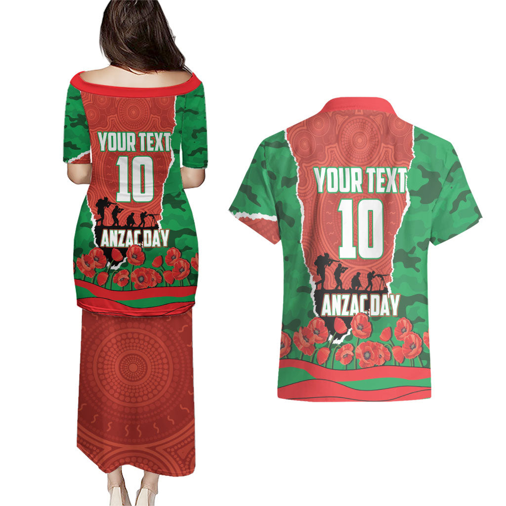Personalized South Sydney Rabbitohs ANZAC Tribute Couples Matching Puletasi and Hawaiian Shirt Poppy Field Soldier Silhouette Aboriginal Rugby Mascot
