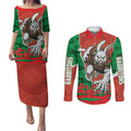 Personalized South Sydney Rabbitohs ANZAC Tribute Couples Matching Puletasi and Long Sleeve Button Shirt Poppy Field Soldier Silhouette Aboriginal Rugby Mascot