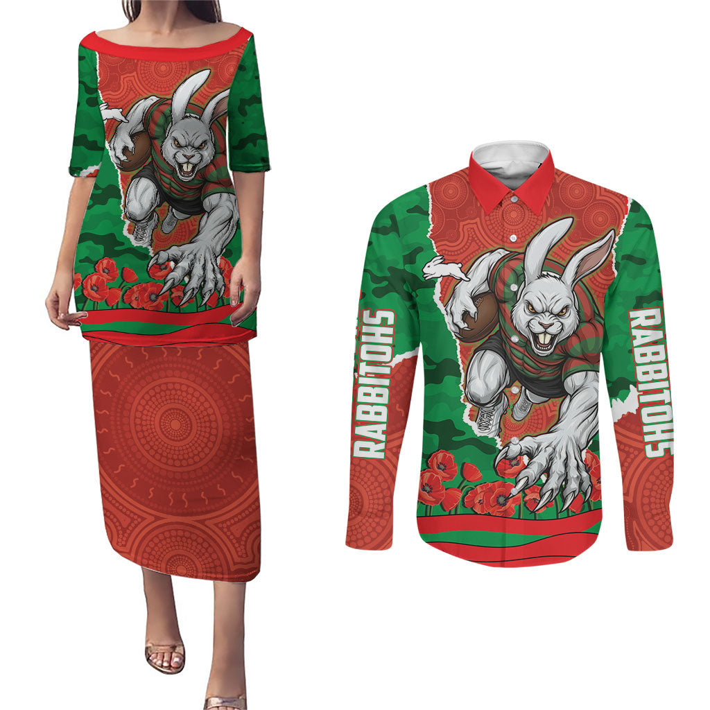 Personalized South Sydney Rabbitohs ANZAC Tribute Couples Matching Puletasi and Long Sleeve Button Shirt Poppy Field Soldier Silhouette Aboriginal Rugby Mascot