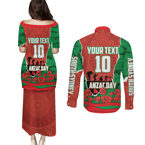 Personalized South Sydney Rabbitohs ANZAC Tribute Couples Matching Puletasi and Long Sleeve Button Shirt Poppy Field Soldier Silhouette Aboriginal Rugby Mascot