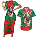 Personalized South Sydney Rabbitohs ANZAC Tribute Couples Matching Short Sleeve Bodycon Dress and Hawaiian Shirt Poppy Field Soldier Silhouette Aboriginal Rugby Mascot