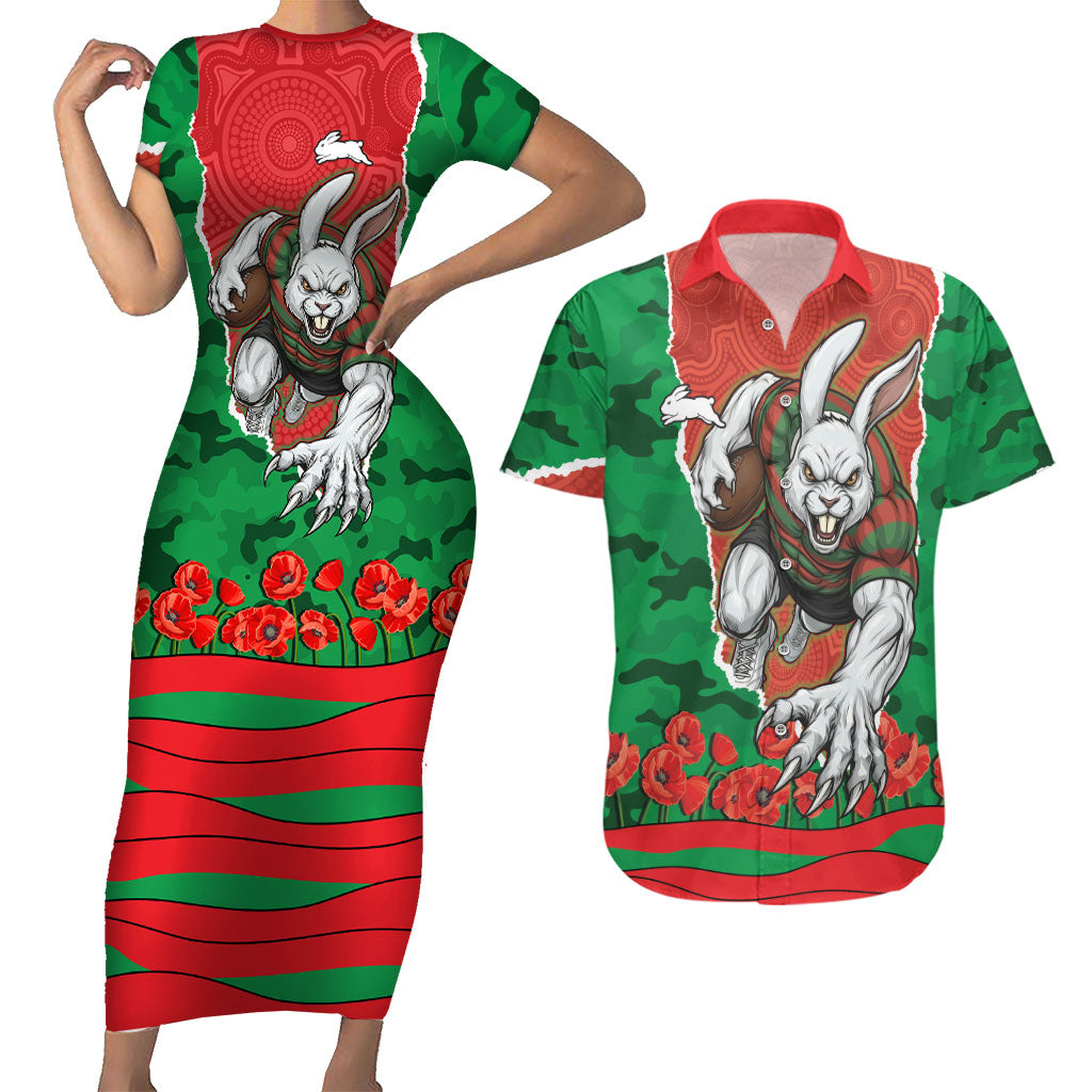 Personalized South Sydney Rabbitohs ANZAC Tribute Couples Matching Short Sleeve Bodycon Dress and Hawaiian Shirt Poppy Field Soldier Silhouette Aboriginal Rugby Mascot