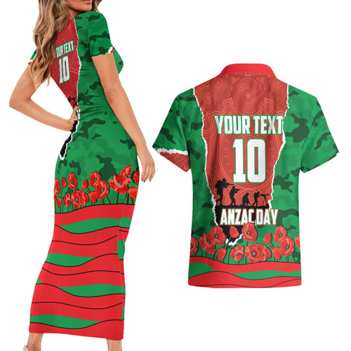 Personalized South Sydney Rabbitohs ANZAC Tribute Couples Matching Short Sleeve Bodycon Dress and Hawaiian Shirt Poppy Field Soldier Silhouette Aboriginal Rugby Mascot