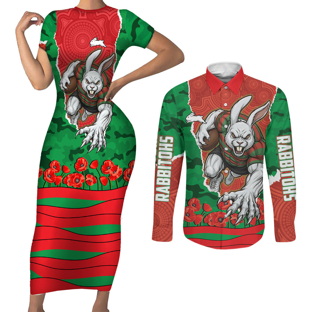 Personalized South Sydney Rabbitohs ANZAC Tribute Couples Matching Short Sleeve Bodycon Dress and Long Sleeve Button Shirt Poppy Field Soldier Silhouette Aboriginal Rugby Mascot