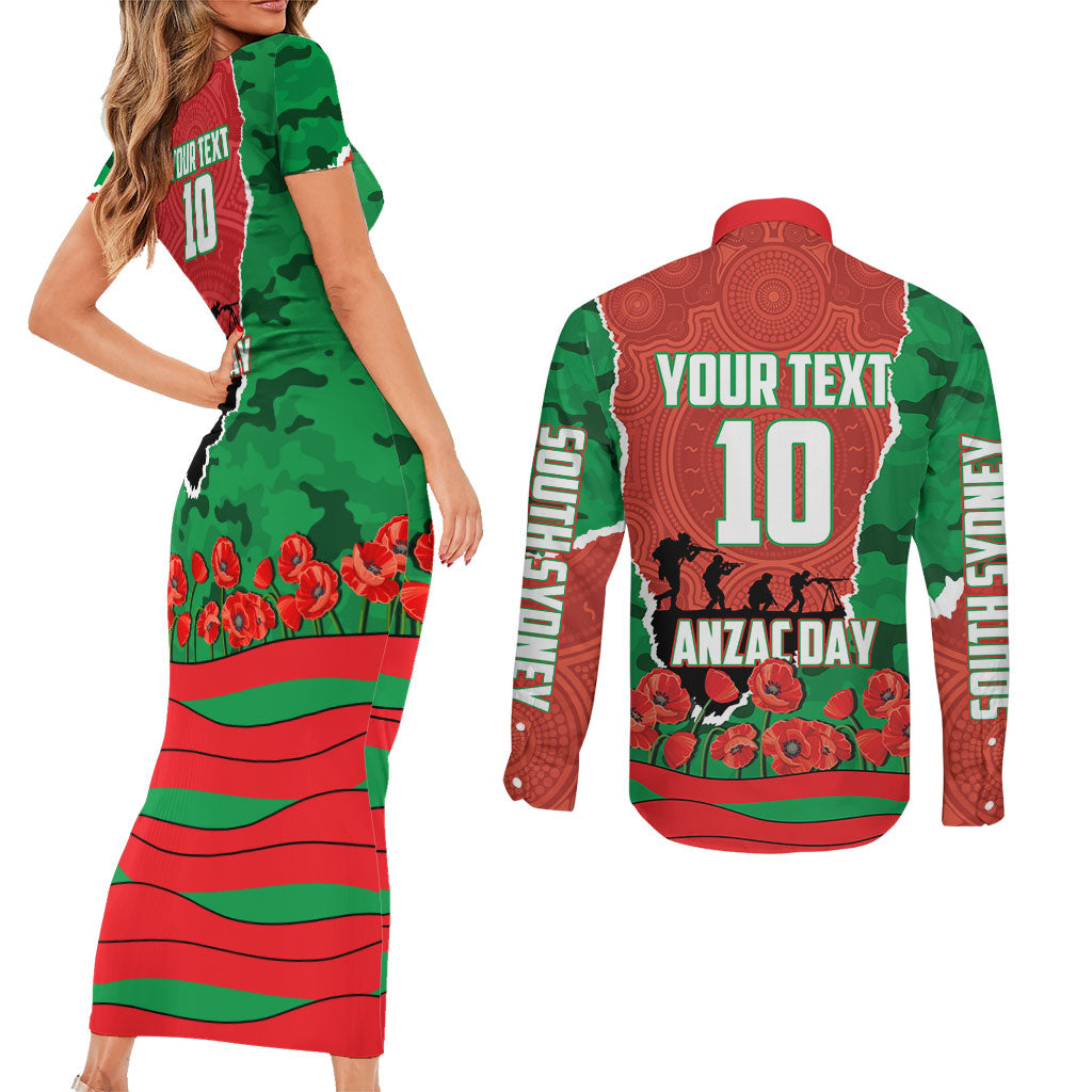 Personalized South Sydney Rabbitohs ANZAC Tribute Couples Matching Short Sleeve Bodycon Dress and Long Sleeve Button Shirt Poppy Field Soldier Silhouette Aboriginal Rugby Mascot