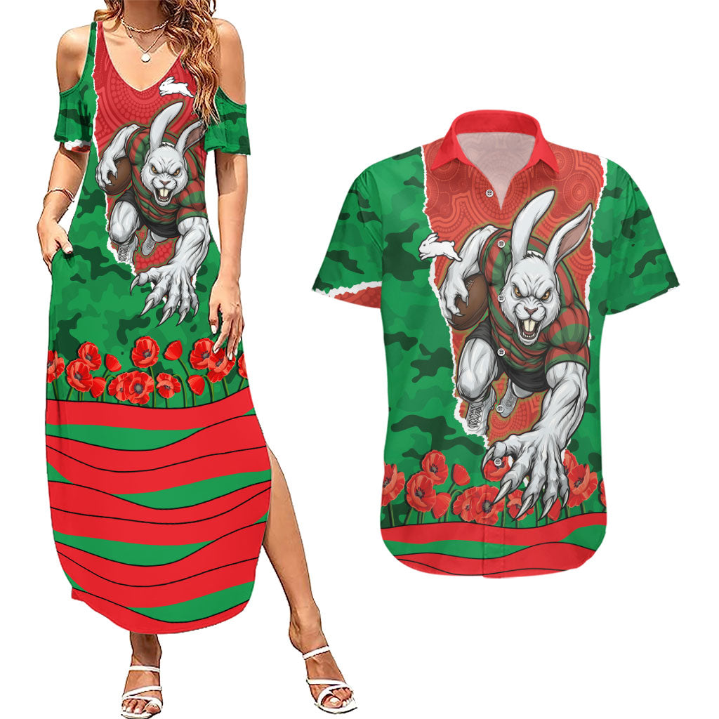 Personalized South Sydney Rabbitohs ANZAC Tribute Couples Matching Summer Maxi Dress and Hawaiian Shirt Poppy Field Soldier Silhouette Aboriginal Rugby Mascot