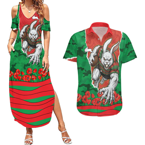 Personalized South Sydney Rabbitohs ANZAC Tribute Couples Matching Summer Maxi Dress and Hawaiian Shirt Poppy Field Soldier Silhouette Aboriginal Rugby Mascot