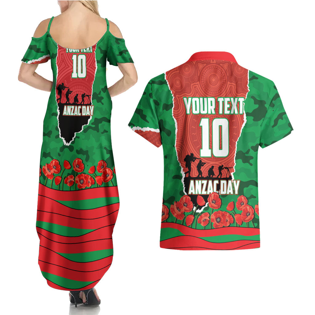 Personalized South Sydney Rabbitohs ANZAC Tribute Couples Matching Summer Maxi Dress and Hawaiian Shirt Poppy Field Soldier Silhouette Aboriginal Rugby Mascot