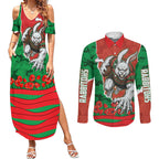 Personalized South Sydney Rabbitohs ANZAC Tribute Couples Matching Summer Maxi Dress and Long Sleeve Button Shirt Poppy Field Soldier Silhouette Aboriginal Rugby Mascot