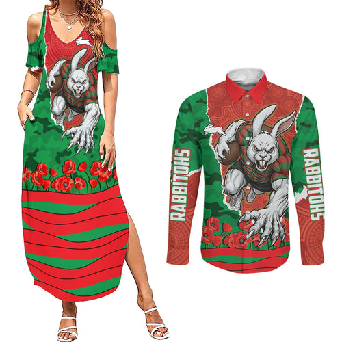 Personalized South Sydney Rabbitohs ANZAC Tribute Couples Matching Summer Maxi Dress and Long Sleeve Button Shirt Poppy Field Soldier Silhouette Aboriginal Rugby Mascot