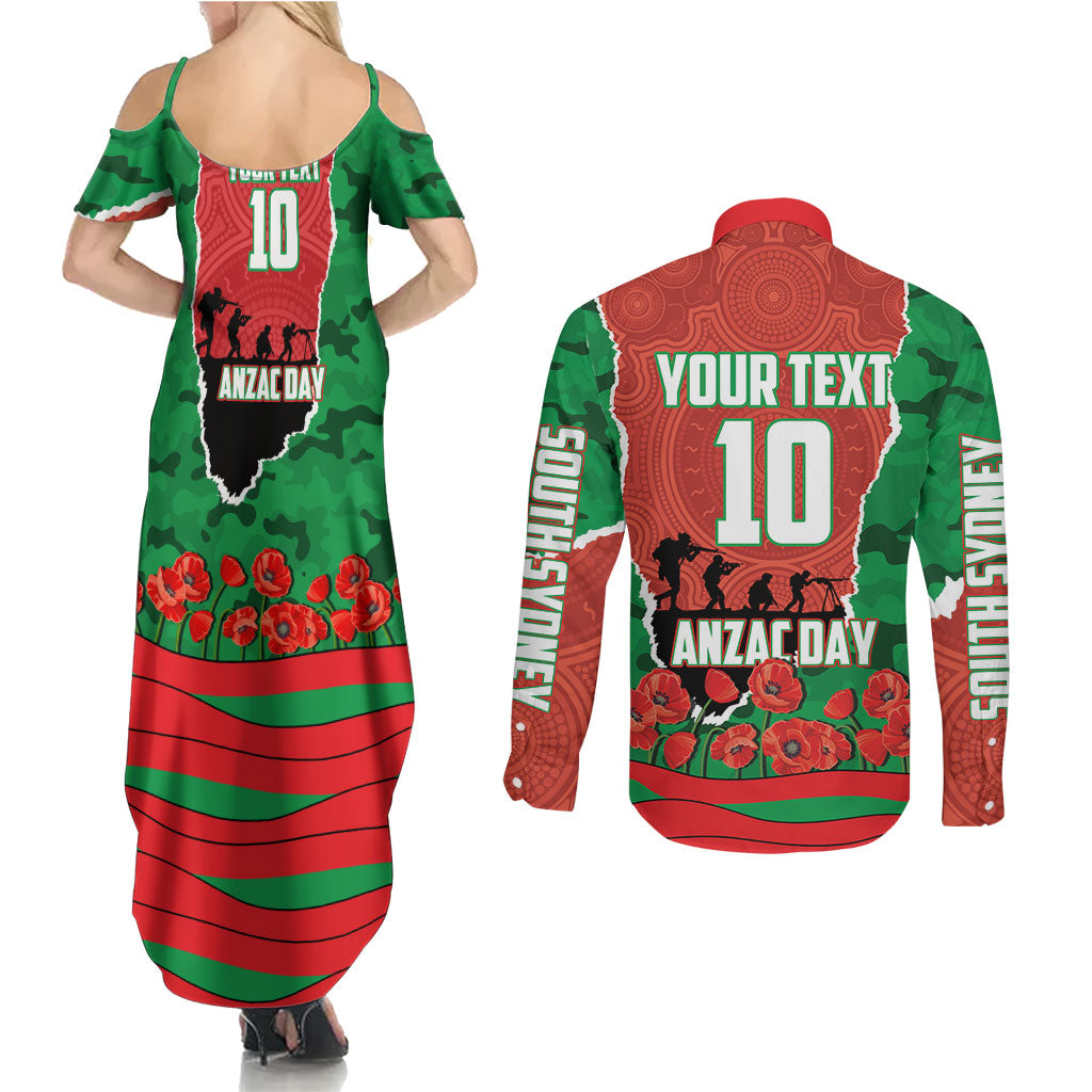Personalized South Sydney Rabbitohs ANZAC Tribute Couples Matching Summer Maxi Dress and Long Sleeve Button Shirt Poppy Field Soldier Silhouette Aboriginal Rugby Mascot