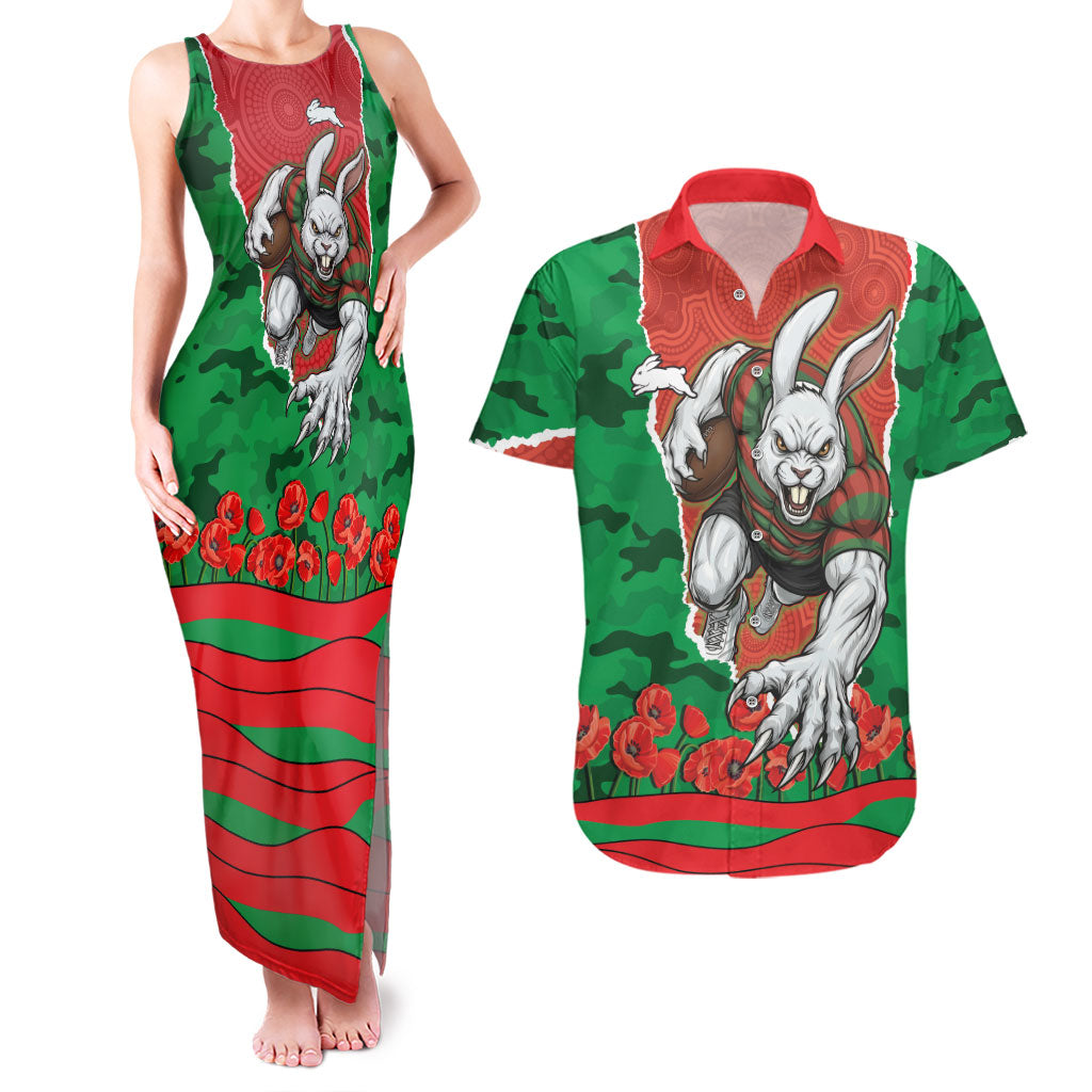 Personalized South Sydney Rabbitohs ANZAC Tribute Couples Matching Tank Maxi Dress and Hawaiian Shirt Poppy Field Soldier Silhouette Aboriginal Rugby Mascot