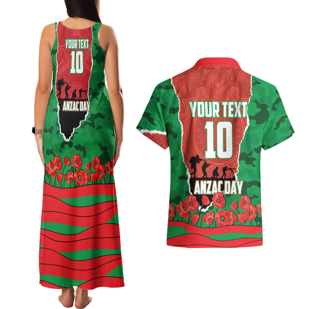Personalized South Sydney Rabbitohs ANZAC Tribute Couples Matching Tank Maxi Dress and Hawaiian Shirt Poppy Field Soldier Silhouette Aboriginal Rugby Mascot
