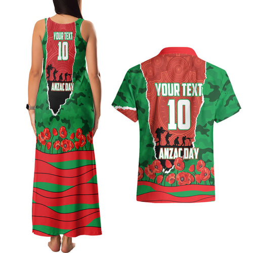 Personalized South Sydney Rabbitohs ANZAC Tribute Couples Matching Tank Maxi Dress and Hawaiian Shirt Poppy Field Soldier Silhouette Aboriginal Rugby Mascot