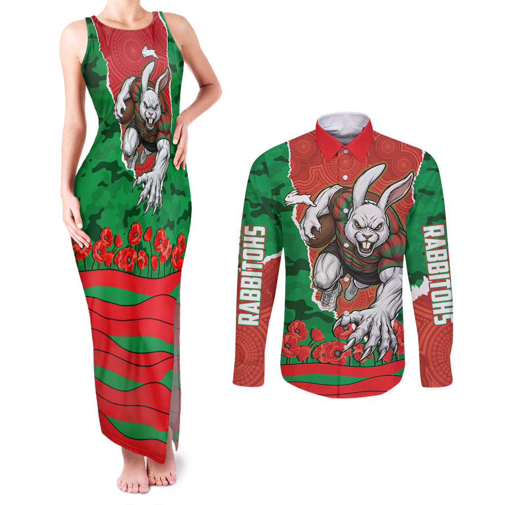 Personalized South Sydney Rabbitohs ANZAC Tribute Couples Matching Tank Maxi Dress and Long Sleeve Button Shirt Poppy Field Soldier Silhouette Aboriginal Rugby Mascot