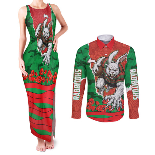 Personalized South Sydney Rabbitohs ANZAC Tribute Couples Matching Tank Maxi Dress and Long Sleeve Button Shirt Poppy Field Soldier Silhouette Aboriginal Rugby Mascot