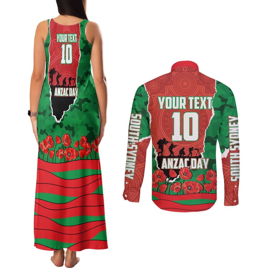 Personalized South Sydney Rabbitohs ANZAC Tribute Couples Matching Tank Maxi Dress and Long Sleeve Button Shirt Poppy Field Soldier Silhouette Aboriginal Rugby Mascot
