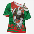 Personalized South Sydney Rabbitohs ANZAC Tribute Cross Shoulder Shirt Poppy Field Soldier Silhouette Aboriginal Rugby Mascot