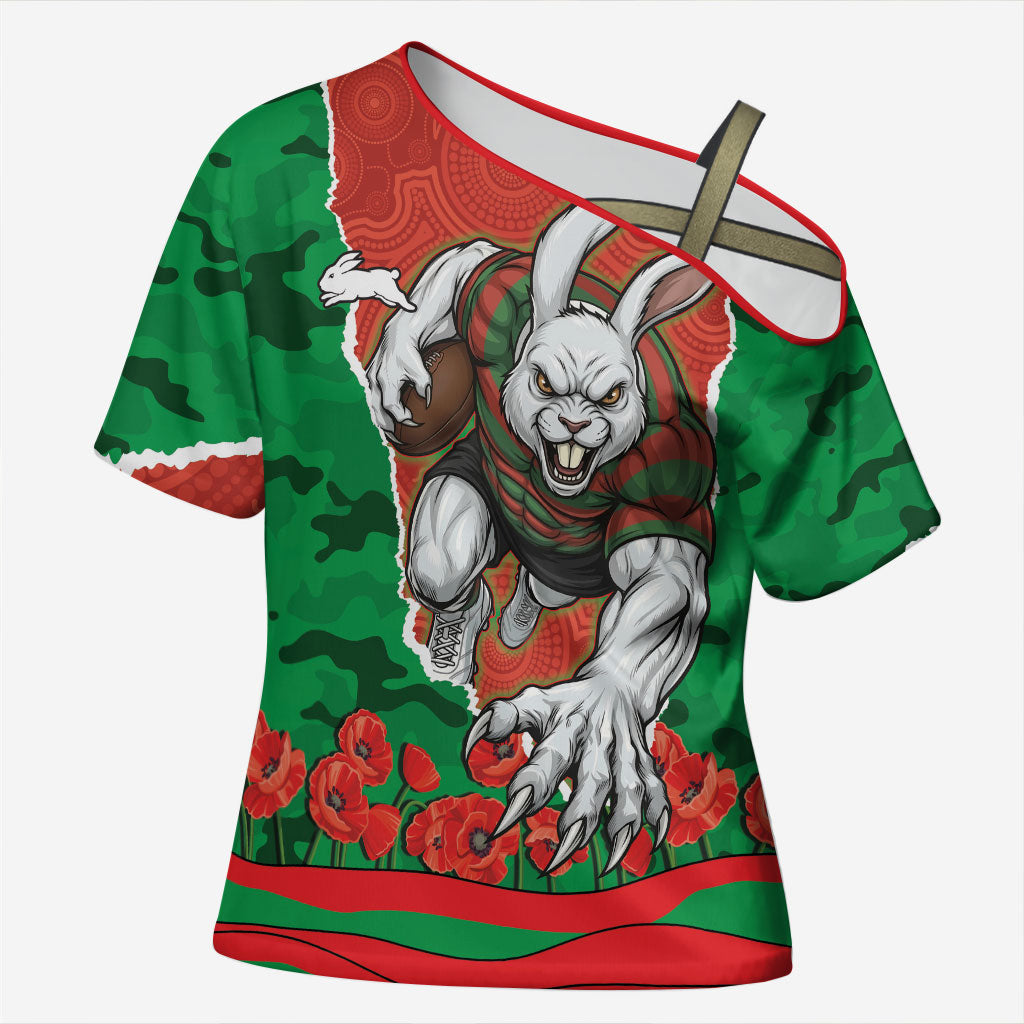 Personalized South Sydney Rabbitohs ANZAC Tribute Cross Shoulder Shirt Poppy Field Soldier Silhouette Aboriginal Rugby Mascot