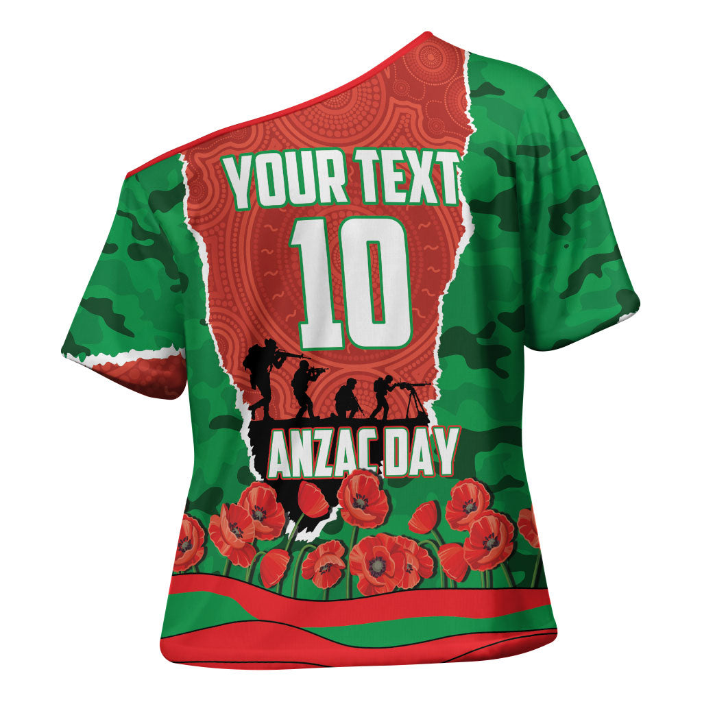 Personalized South Sydney Rabbitohs ANZAC Tribute Cross Shoulder Shirt Poppy Field Soldier Silhouette Aboriginal Rugby Mascot