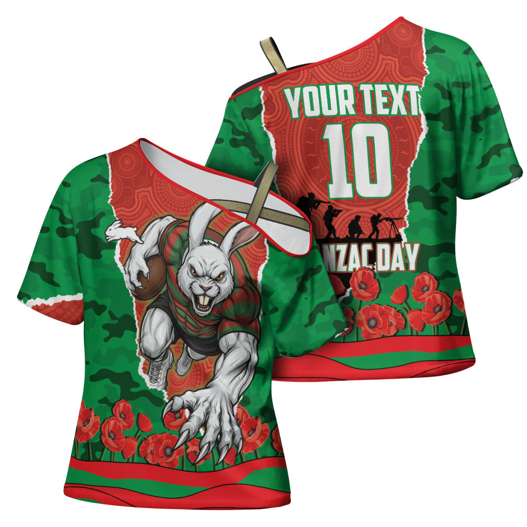 Personalized South Sydney Rabbitohs ANZAC Tribute Cross Shoulder Shirt Poppy Field Soldier Silhouette Aboriginal Rugby Mascot