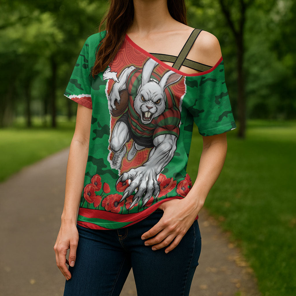 Personalized South Sydney Rabbitohs ANZAC Tribute Cross Shoulder Shirt Poppy Field Soldier Silhouette Aboriginal Rugby Mascot