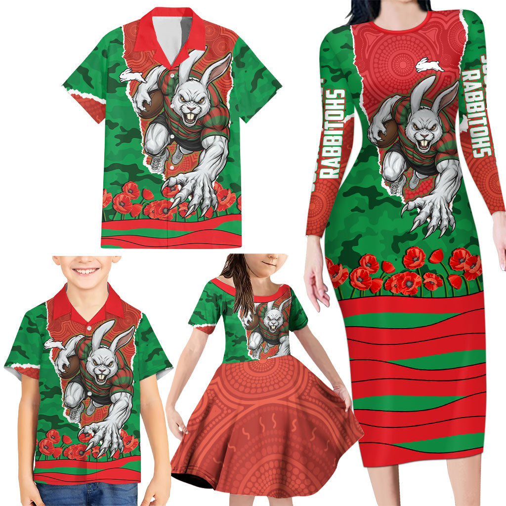 Personalized South Sydney Rabbitohs ANZAC Tribute Family Matching Long Sleeve Bodycon Dress and Hawaiian Shirt Poppy Field Soldier Silhouette Aboriginal Rugby Mascot