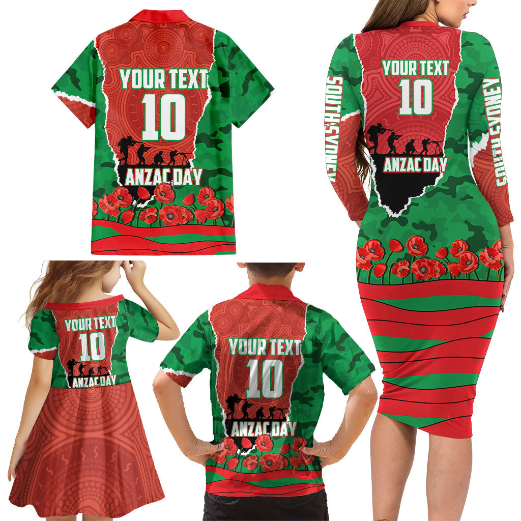 Personalized South Sydney Rabbitohs ANZAC Tribute Family Matching Long Sleeve Bodycon Dress and Hawaiian Shirt Poppy Field Soldier Silhouette Aboriginal Rugby Mascot