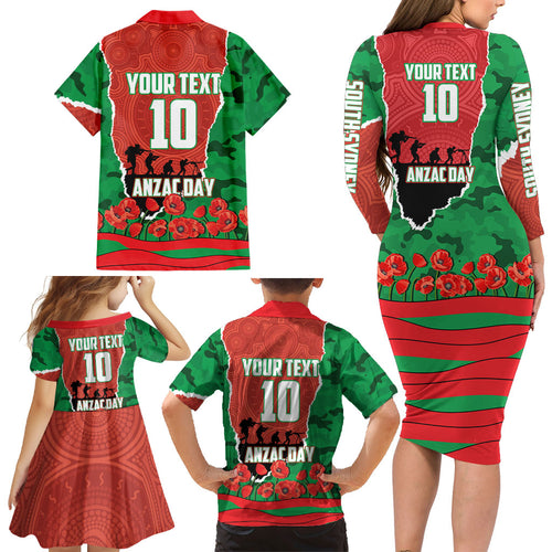 Personalized South Sydney Rabbitohs ANZAC Tribute Family Matching Long Sleeve Bodycon Dress and Hawaiian Shirt Poppy Field Soldier Silhouette Aboriginal Rugby Mascot