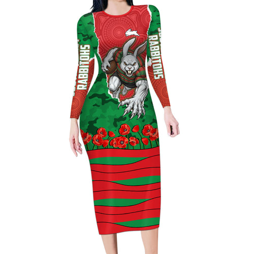 Personalized South Sydney Rabbitohs ANZAC Tribute Family Matching Long Sleeve Bodycon Dress and Hawaiian Shirt Poppy Field Soldier Silhouette Aboriginal Rugby Mascot
