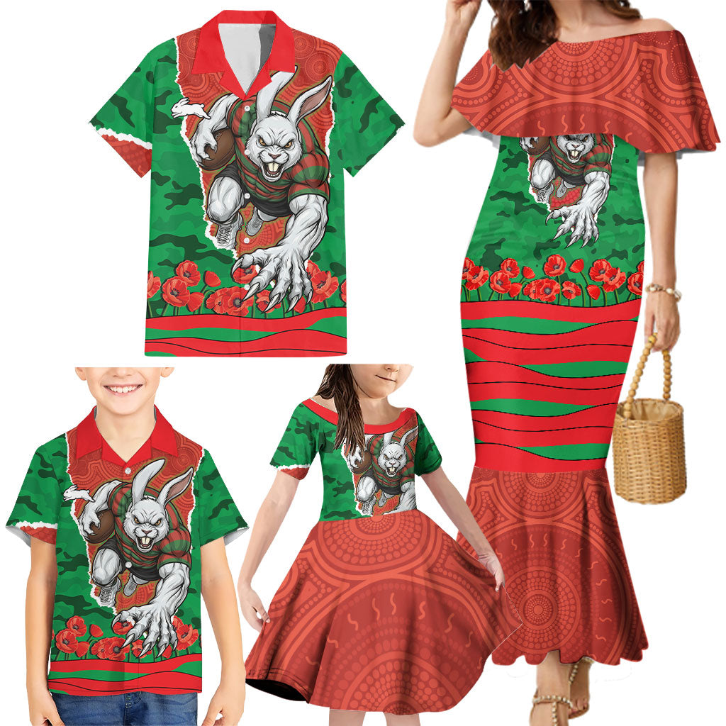 Personalized South Sydney Rabbitohs ANZAC Tribute Family Matching Mermaid Dress and Hawaiian Shirt Poppy Field Soldier Silhouette Aboriginal Rugby Mascot